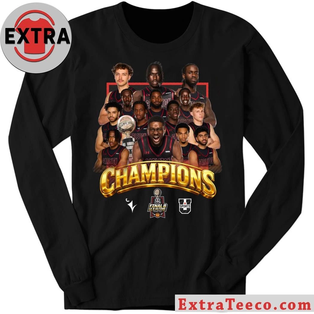 The Carleton Ravens men’s basketball team celebrated their victory Shirt