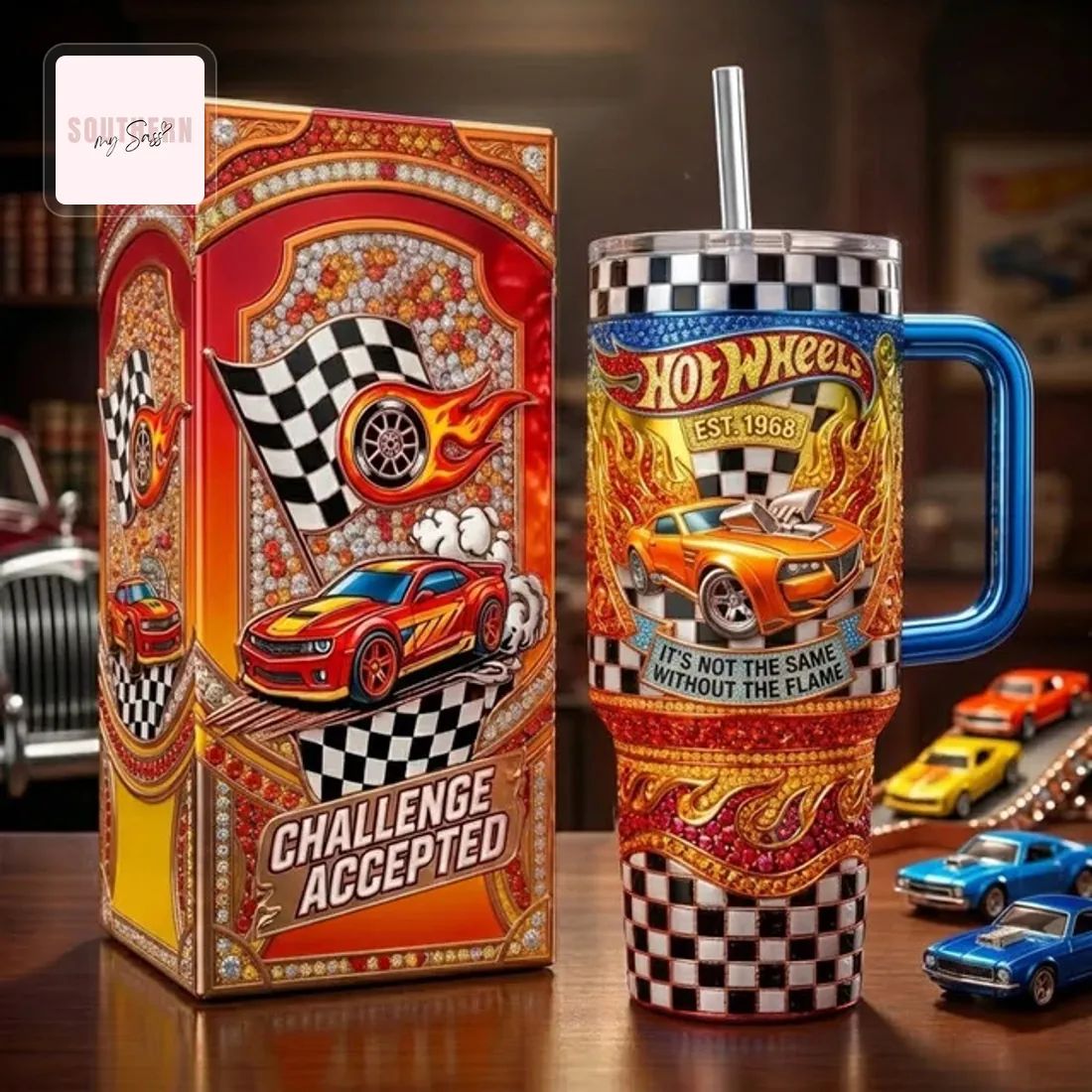 Wheels EST. 1968 Racing Flame Premium Tumbler With Handle