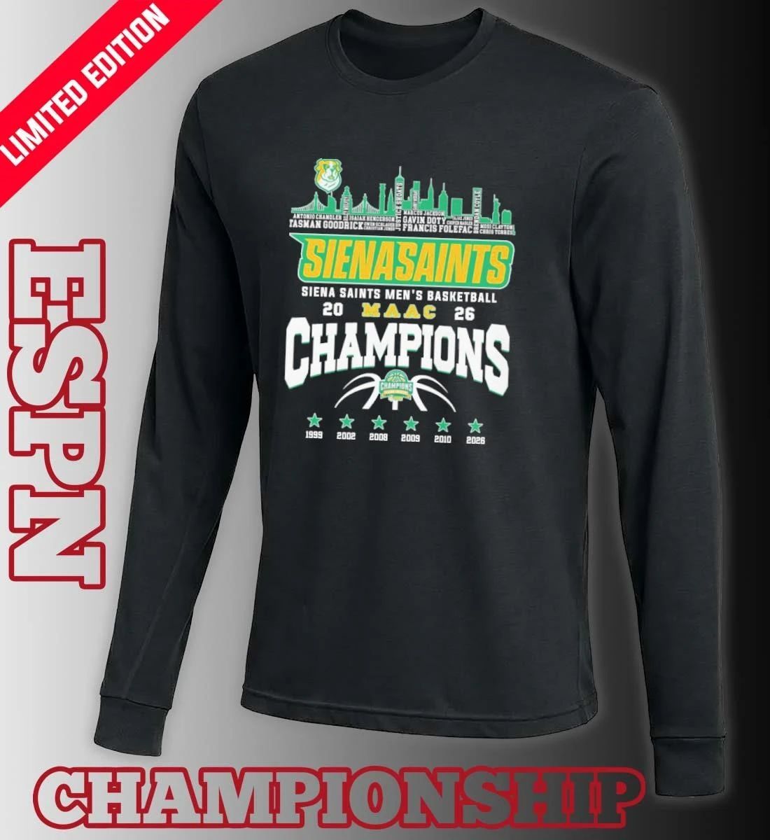 Siena Saints Men’s Basketball 2026 MAAC Conference Champions Skyline Player Name Shirt
