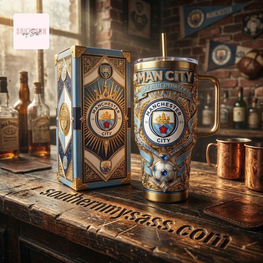 Manchester City Luxury Gold Accented 40oz Insulated Tumbler With Handle