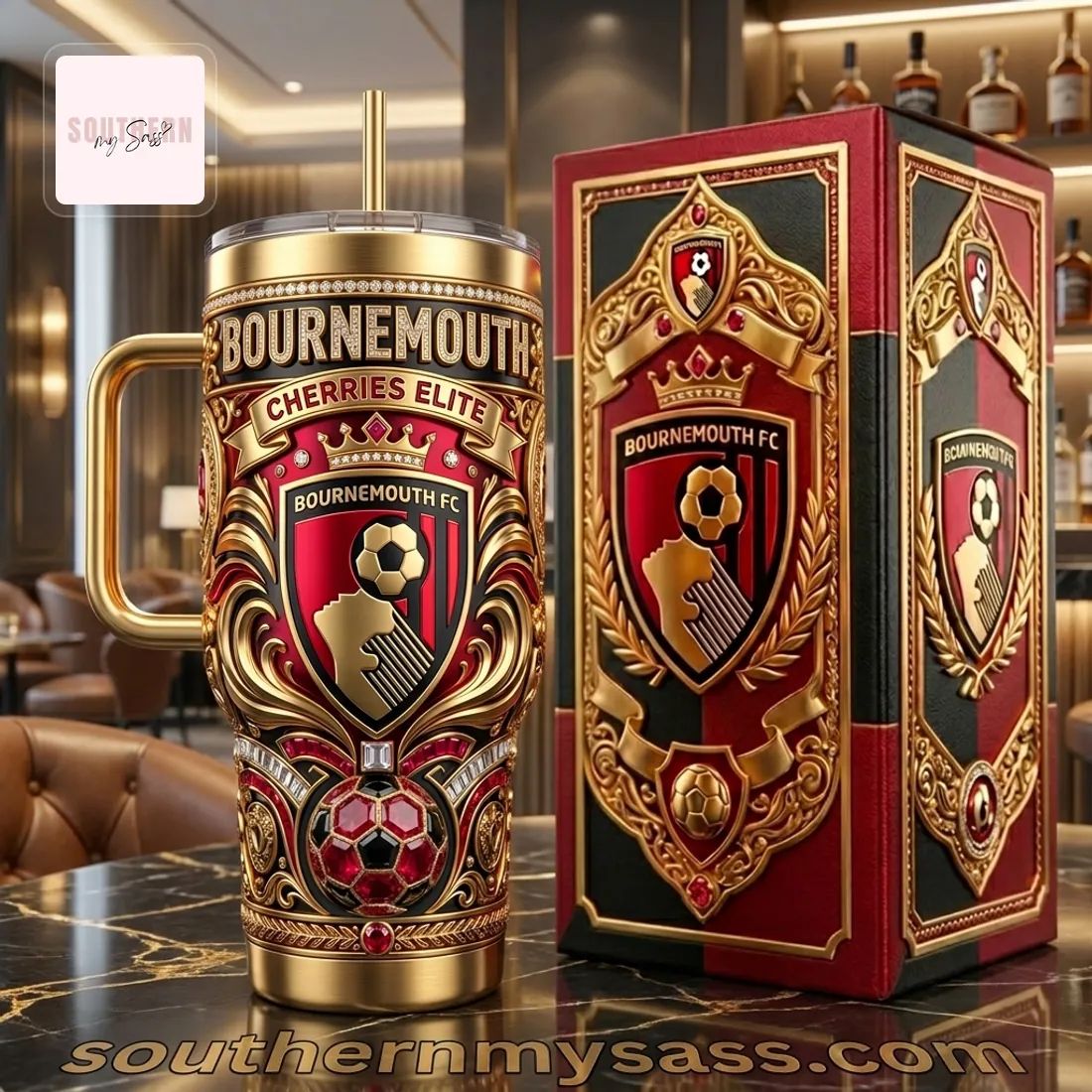 Bournemouth FC Cherries Elite Luxury Gold 40oz Insulated Tumbler With Handle