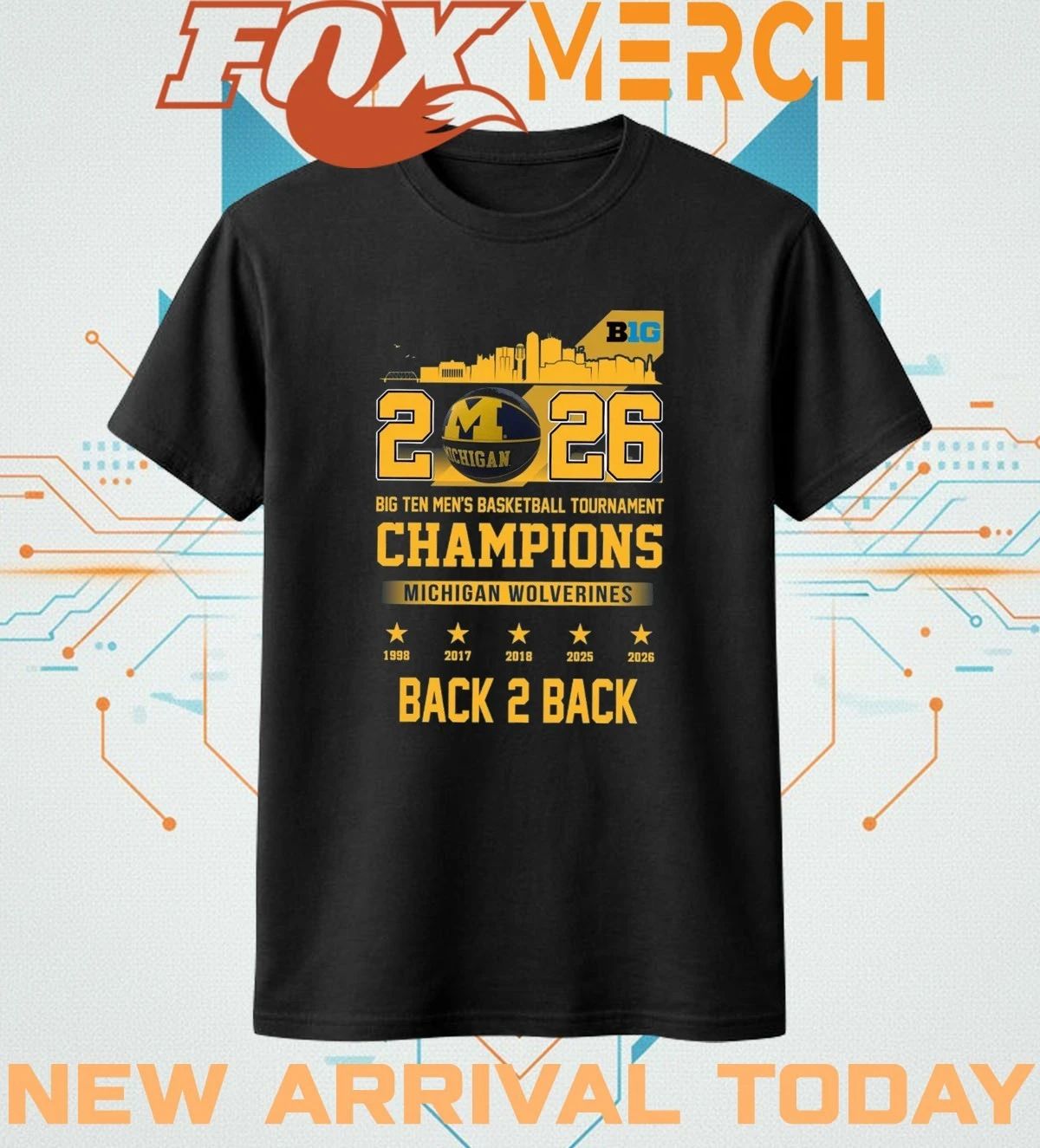 Michigan Wolverines 2026 Big Ten Men’s Basketball Tournament Champions back 2 back skyline shirt