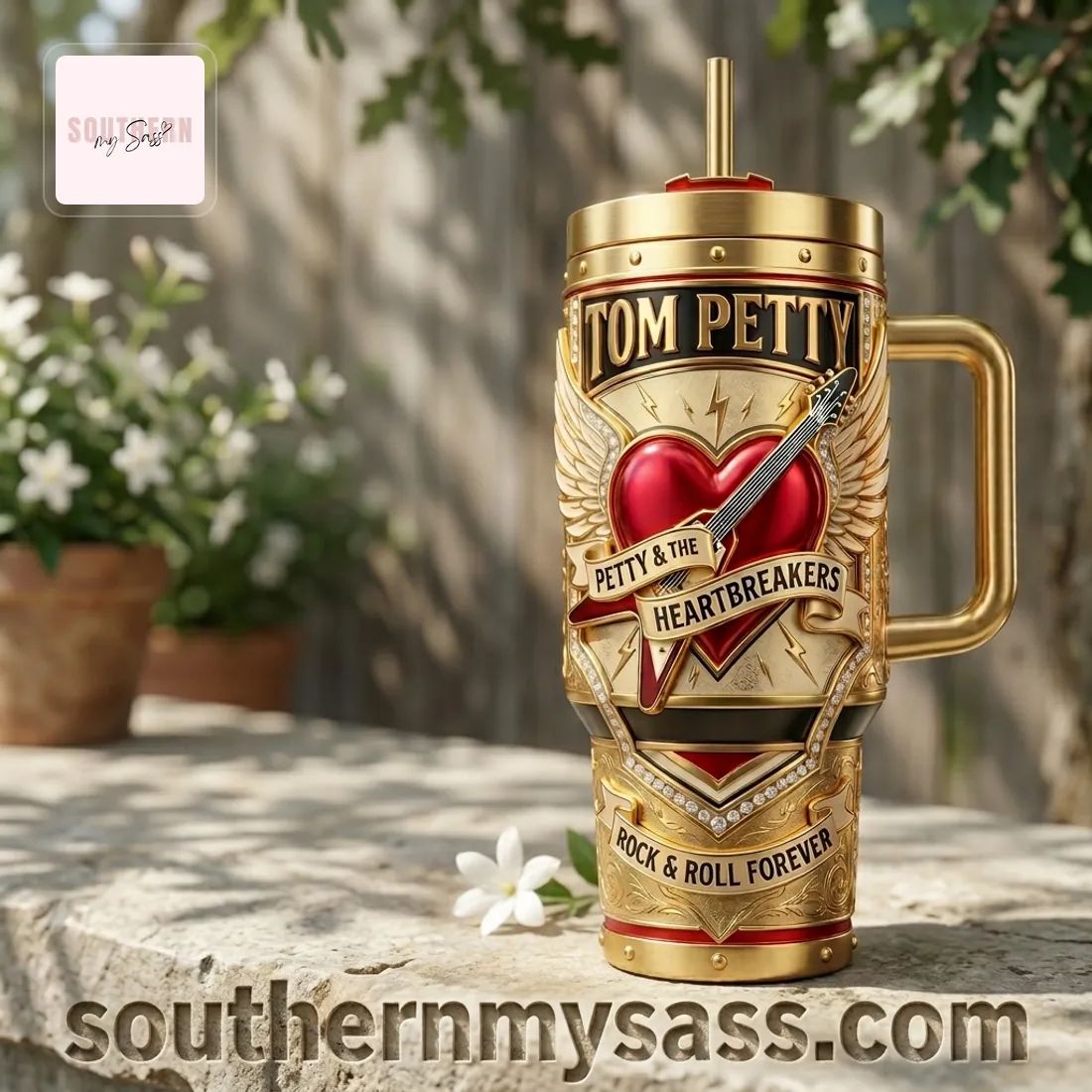 Tom Petty & The Heartbreakers Heartbreak Legacy Premium Gold 40oz Insulated Tumbler With Handle