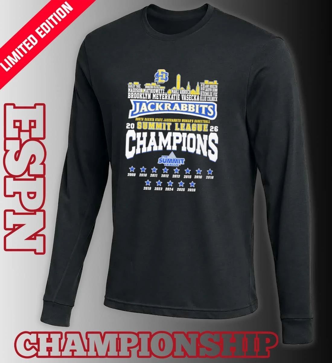 SDSU Men’s Basketball 2026 Summit League Conference Champions Skyline Player Name Shirt