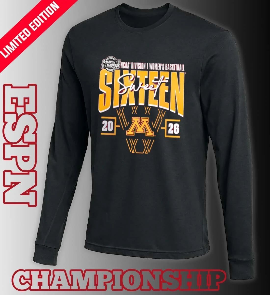 Minnesota Golden Gophers 2026 NCAA Women’s Basketball Tournament March Madness Sweet 16 Court Shot T-Shirt