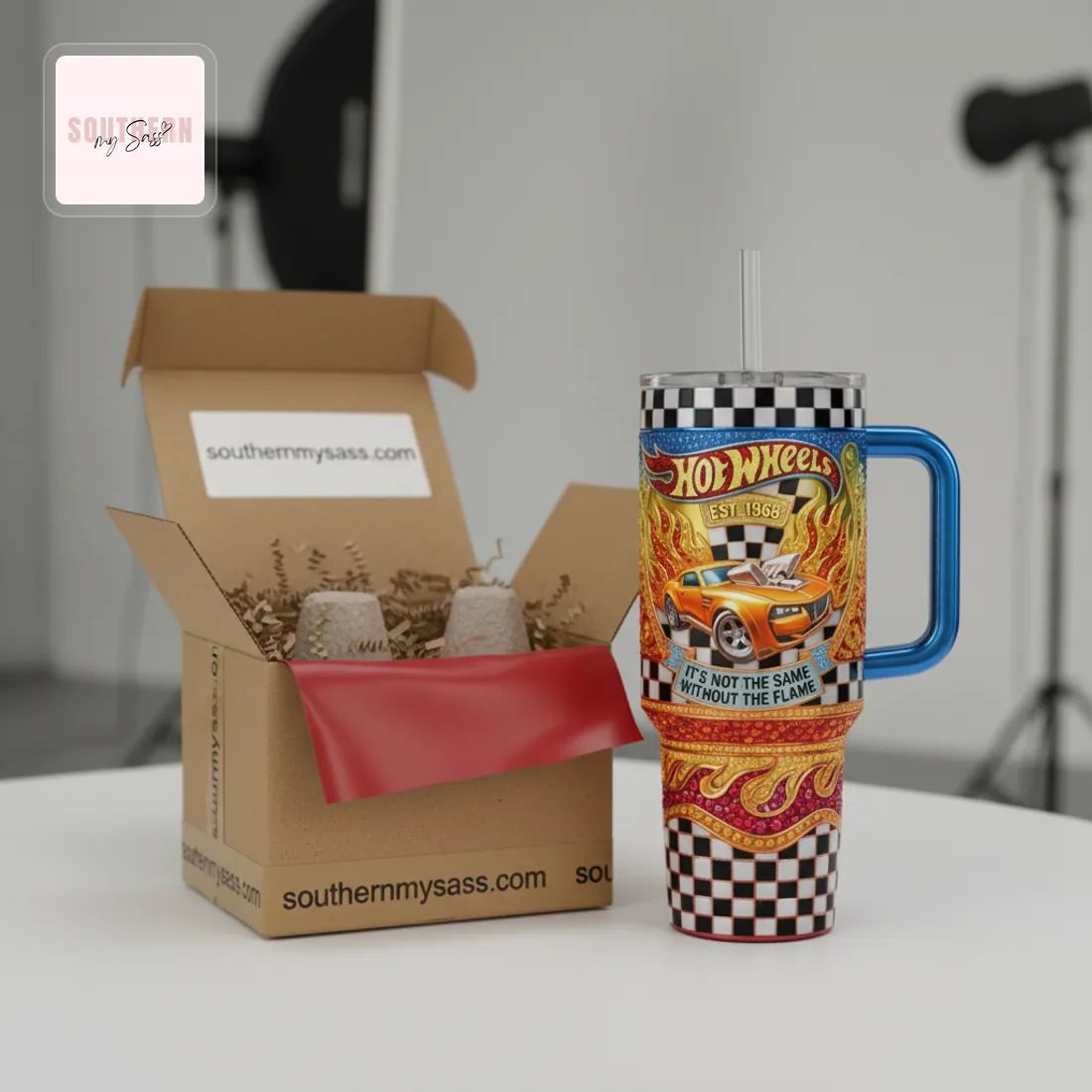 Wheels EST. 1968 Racing Flame Premium Tumbler With Handle