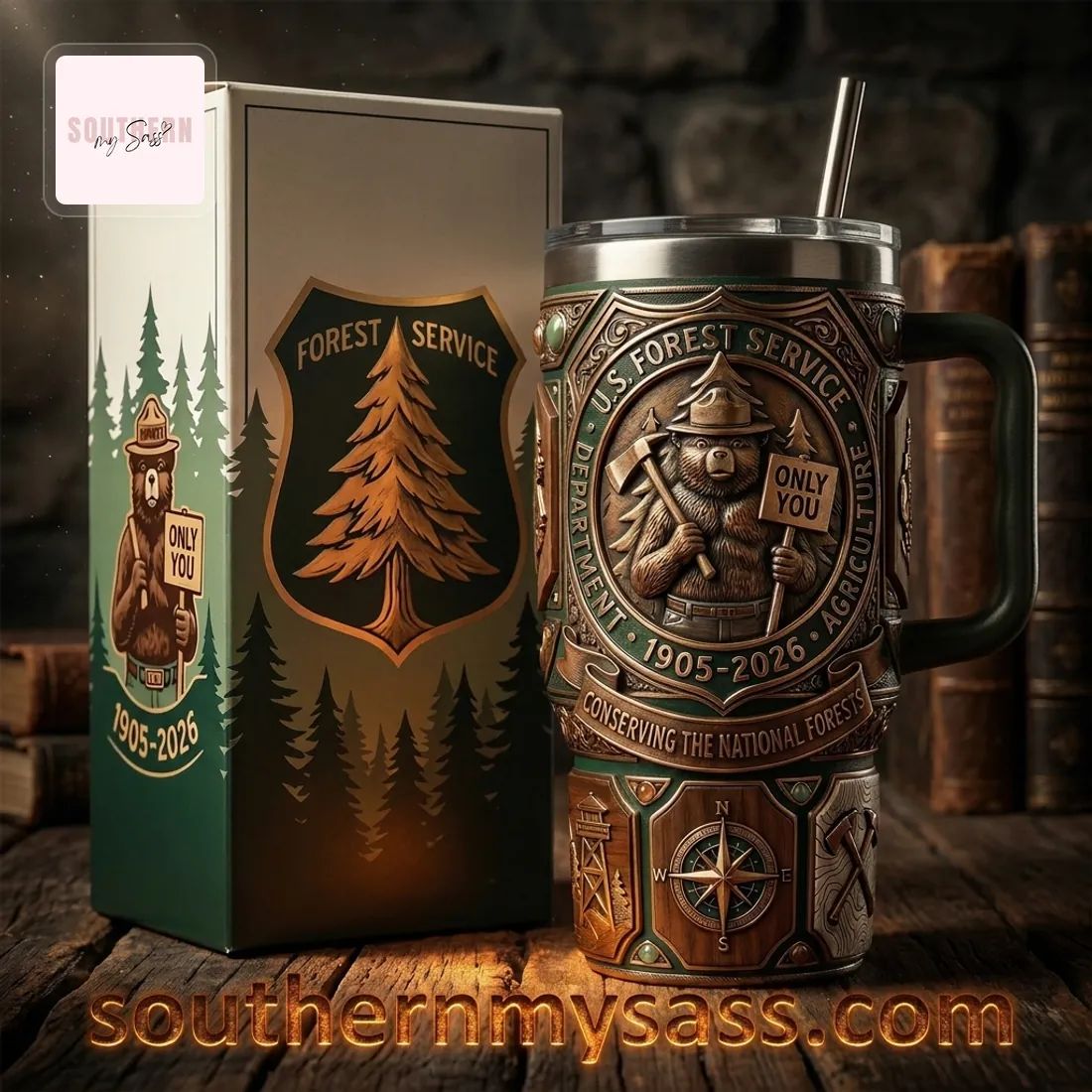 Smokey Bear U.S. Forest Service Commemorative 40oz Embossed Tumbler with Handle