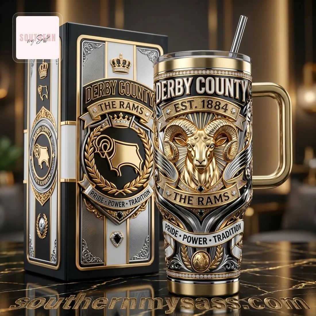 Derby County The Rams 40oz Luxury Insulated Stainless Steel Tumbler With Handle