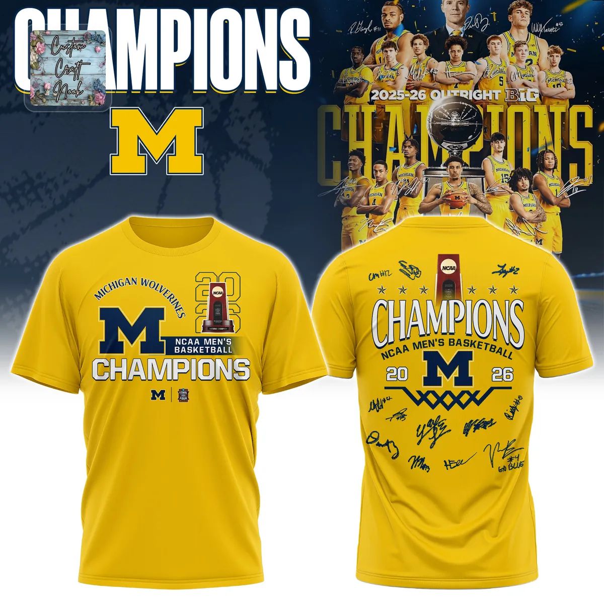 Michigan Wolverines 2026 NCAA Men’s Basketball Champions 3D T-Shirt
