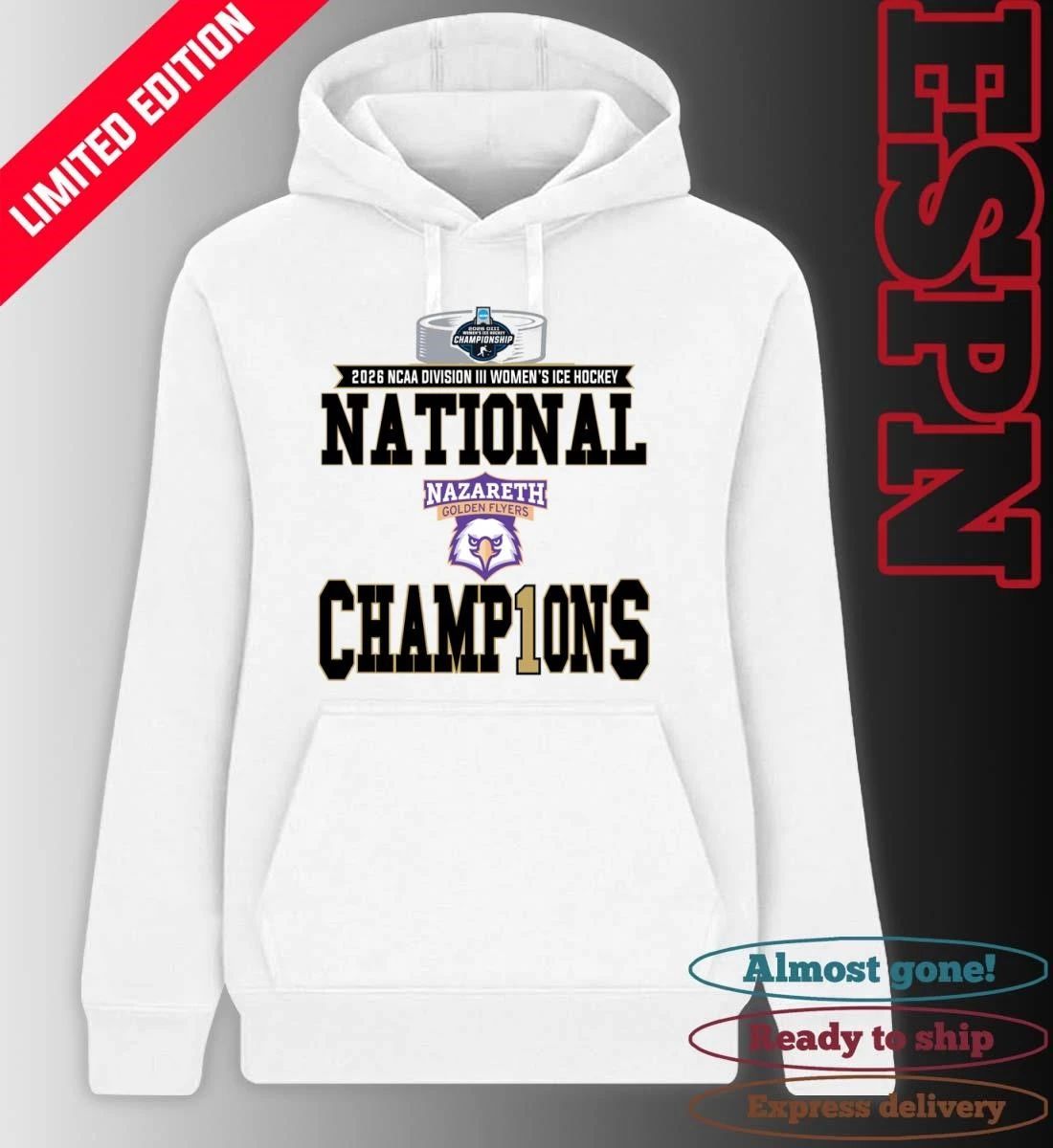 Nazareth Golden Flyers 2026 NCAA DIII Women’s Ice Hockey National Champions Locker Room T-Shirt