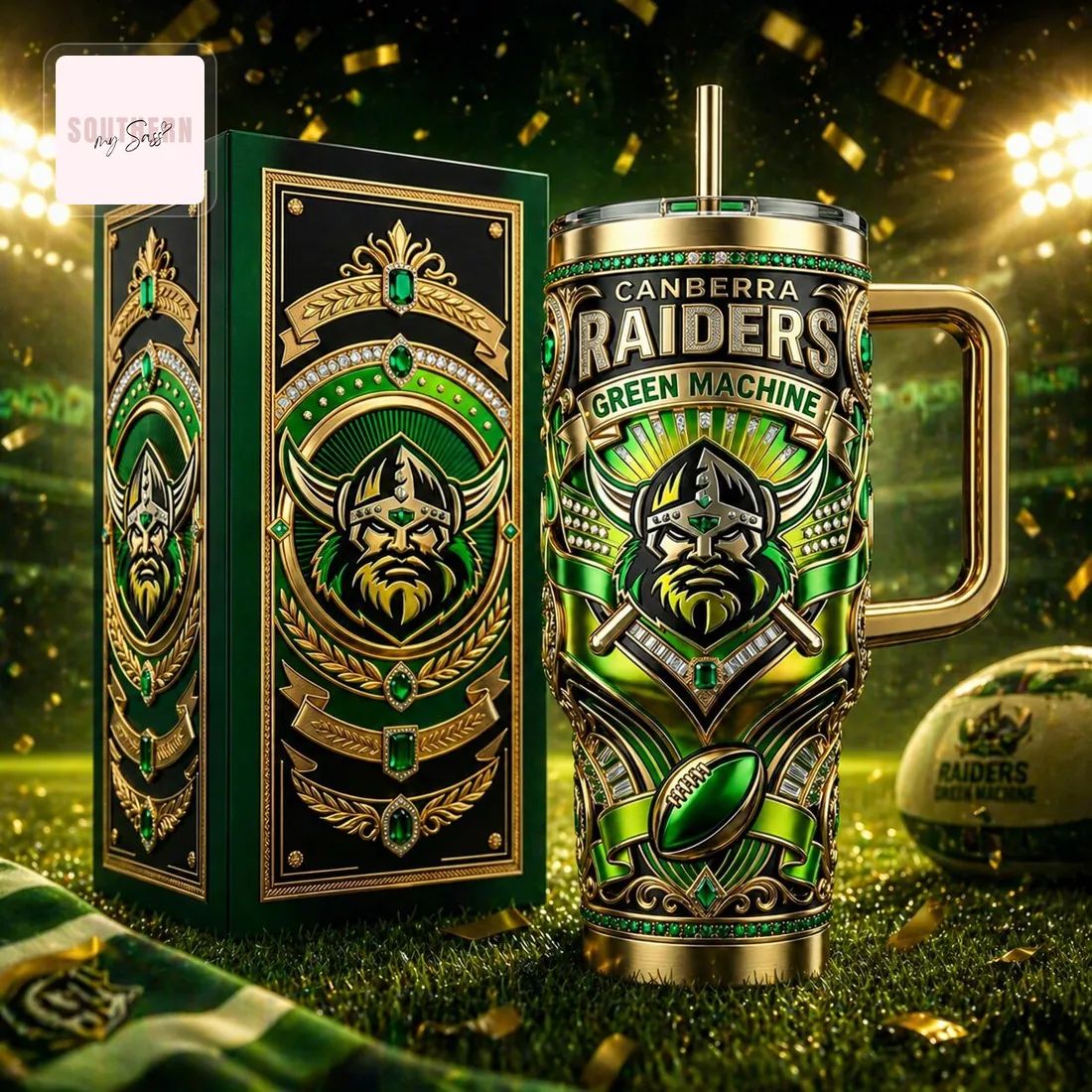 Canberra Raiders Green Machine Luxury Ornate Gold Embellished Tumbler