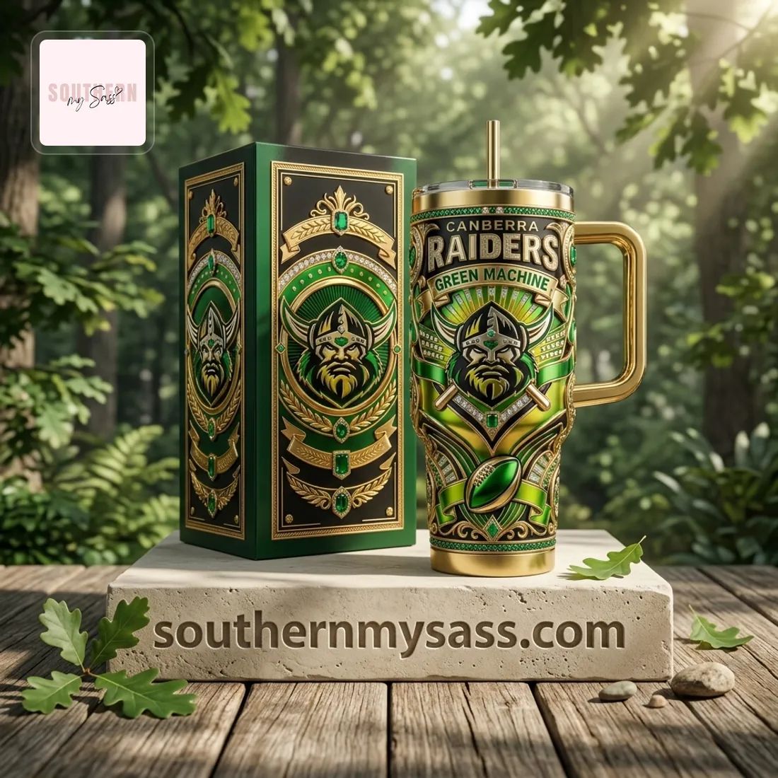 Canberra Raiders Green Machine Luxury Ornate Gold Embellished Tumbler
