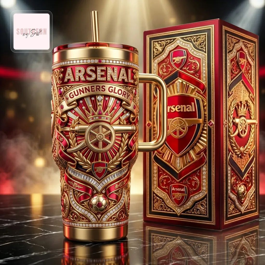 Arsenal Luxury Diamond Embellished Gold 40oz Tumbler with Handle