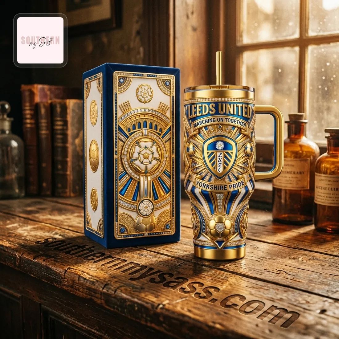 Leeds United Luxury Gold Diamond-Style 40oz Insulated Tumbler With Handle
