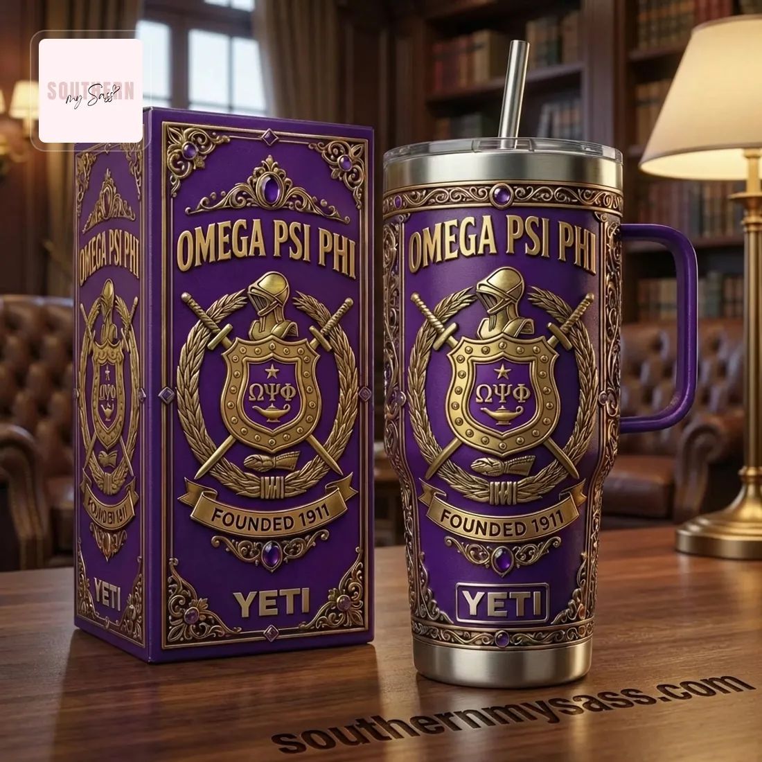 Omega Psi Phi Founded 1911 Premium Purple & Gold Handled Tumbler