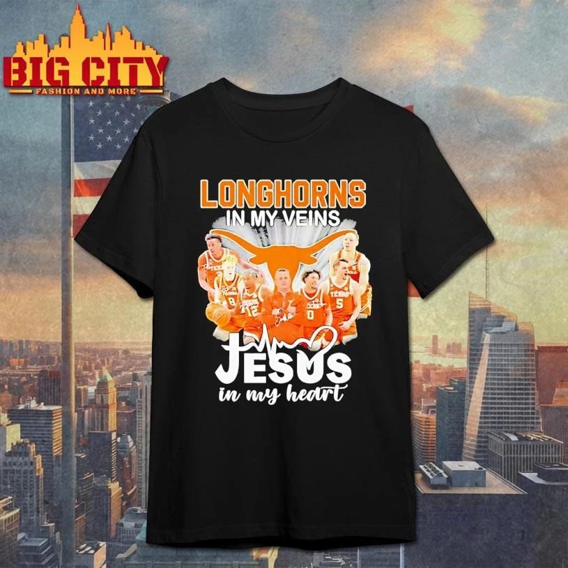 Texas Longhorns In My Veins Jesus In My Heart Coach And Players Signature Graphic Shirt