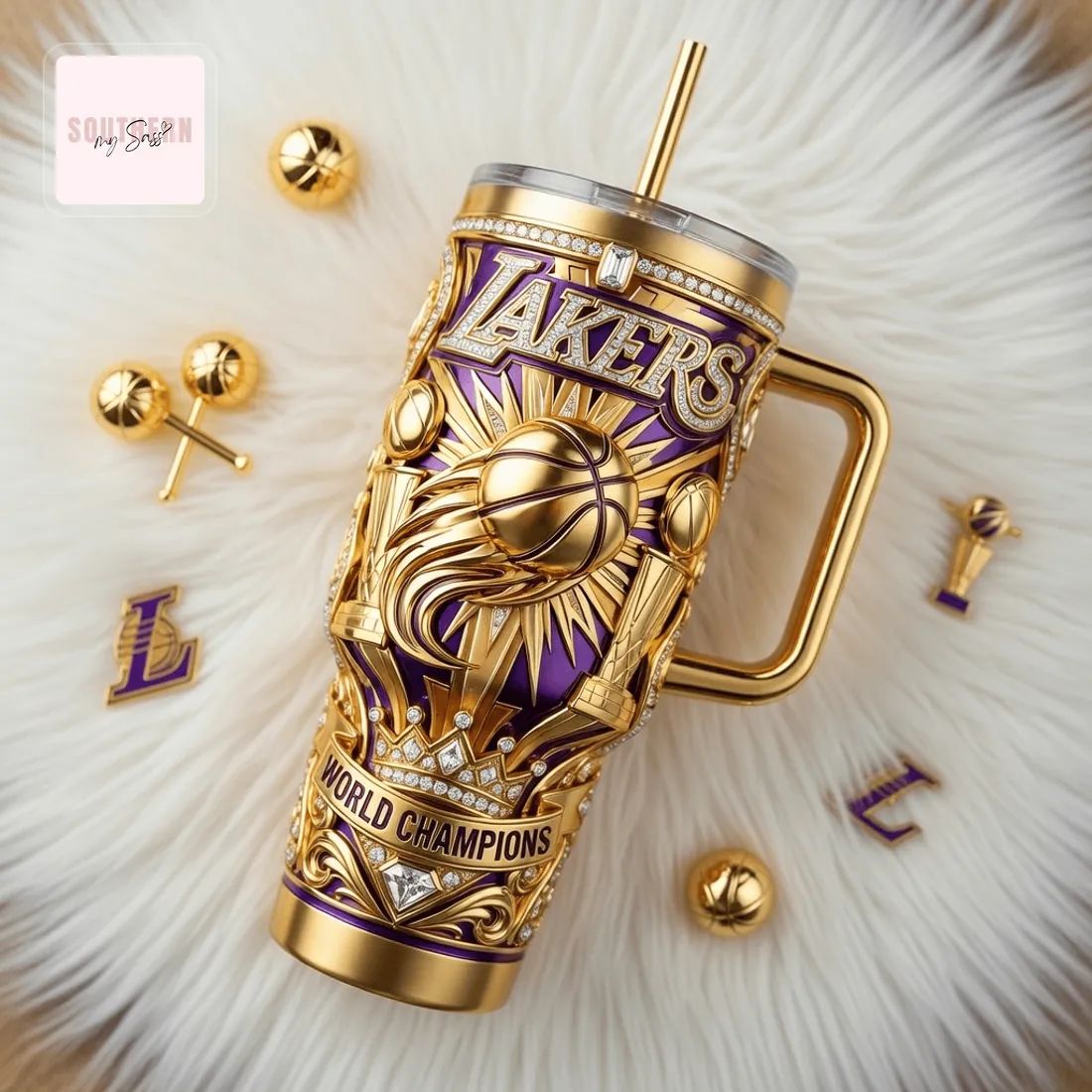 Lakers World Champions Gold 3D Embossed 40oz Tumbler With Handle