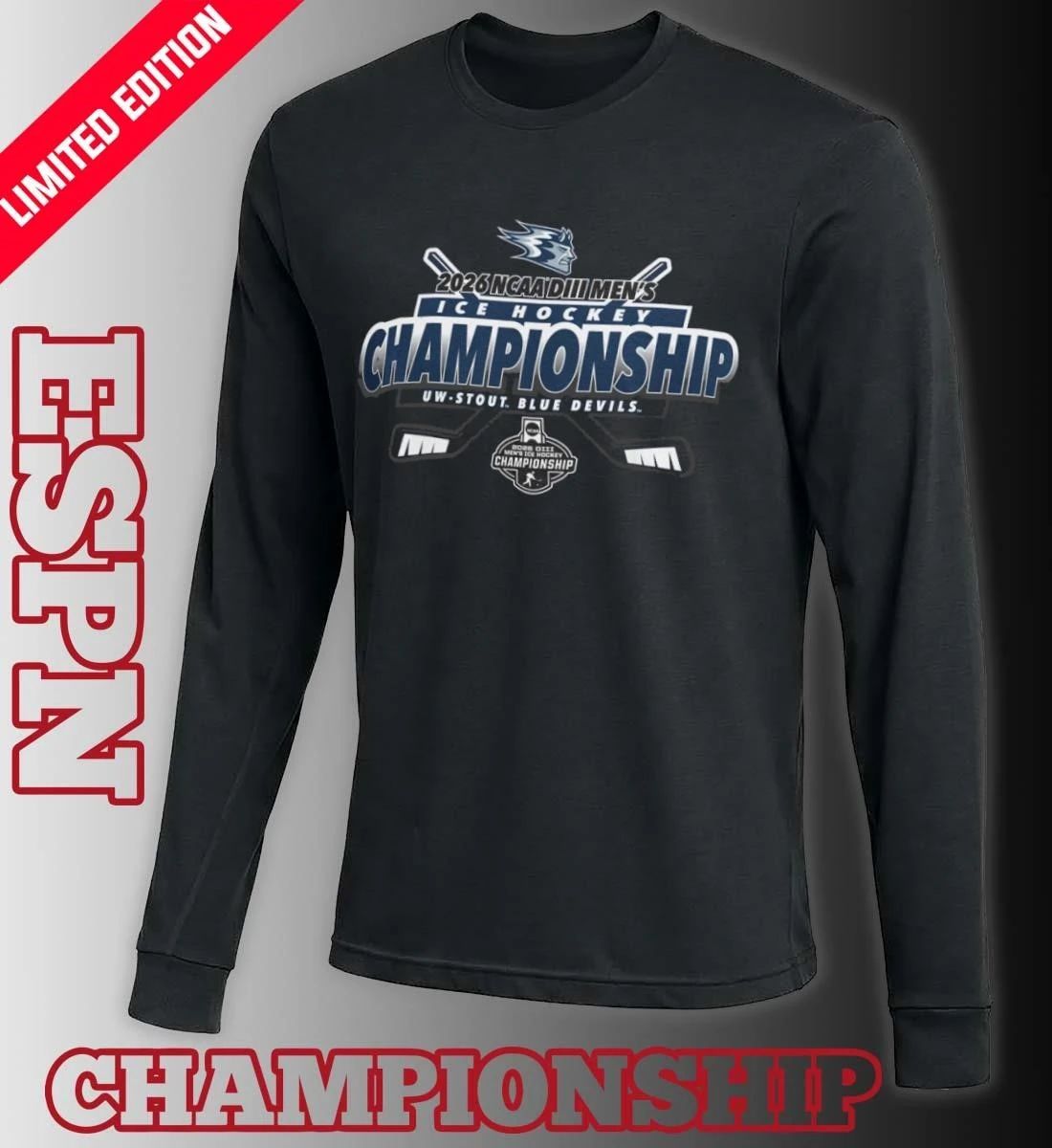 UW-Stout Blue Devils 2026 NCAA DIII Men’s Ice Hockey Championship Shirt