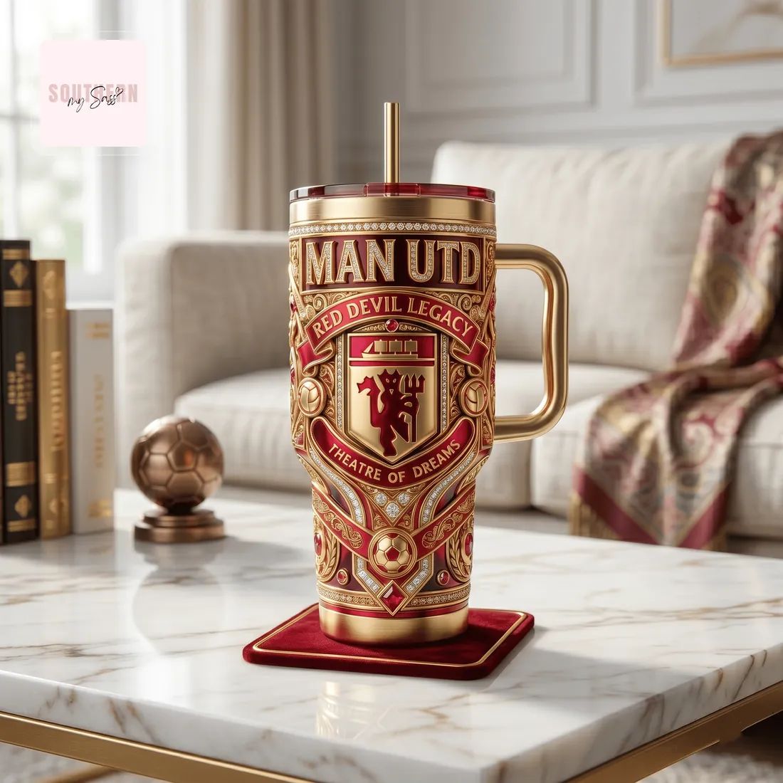Manchester United Red Devils Luxury Gold Diamond 40oz Insulated Tumbler With Handle