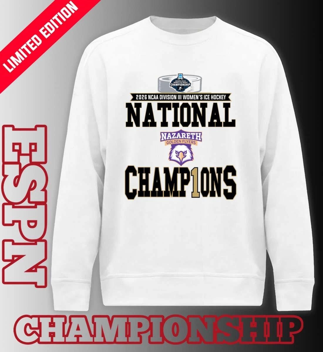 Nazareth Golden Flyers 2026 NCAA DIII Women’s Ice Hockey National Champions Locker Room T-Shirt