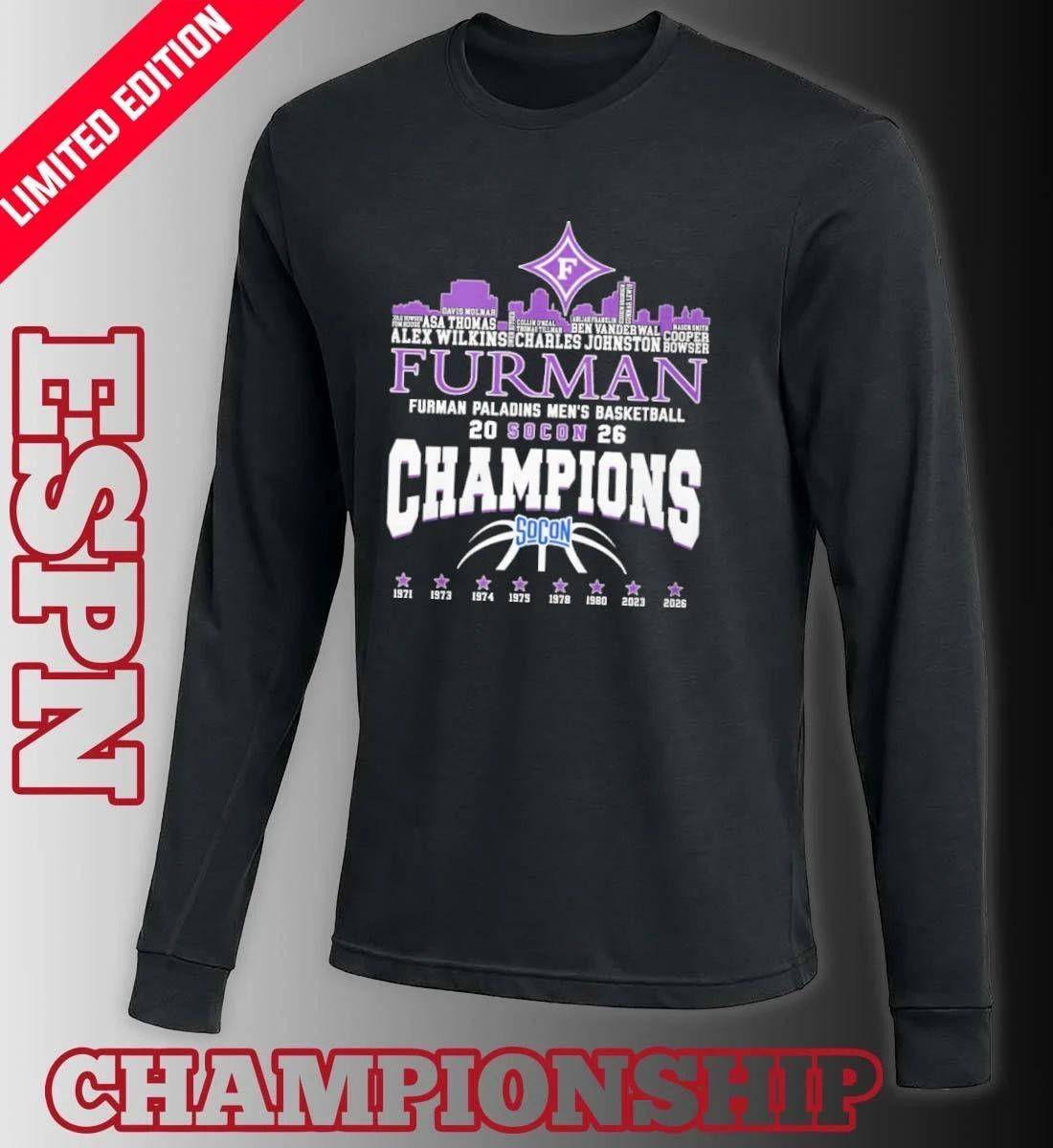 Furman Men’s Basketball 2026 Socon Champions Skyline Player Name Shirt