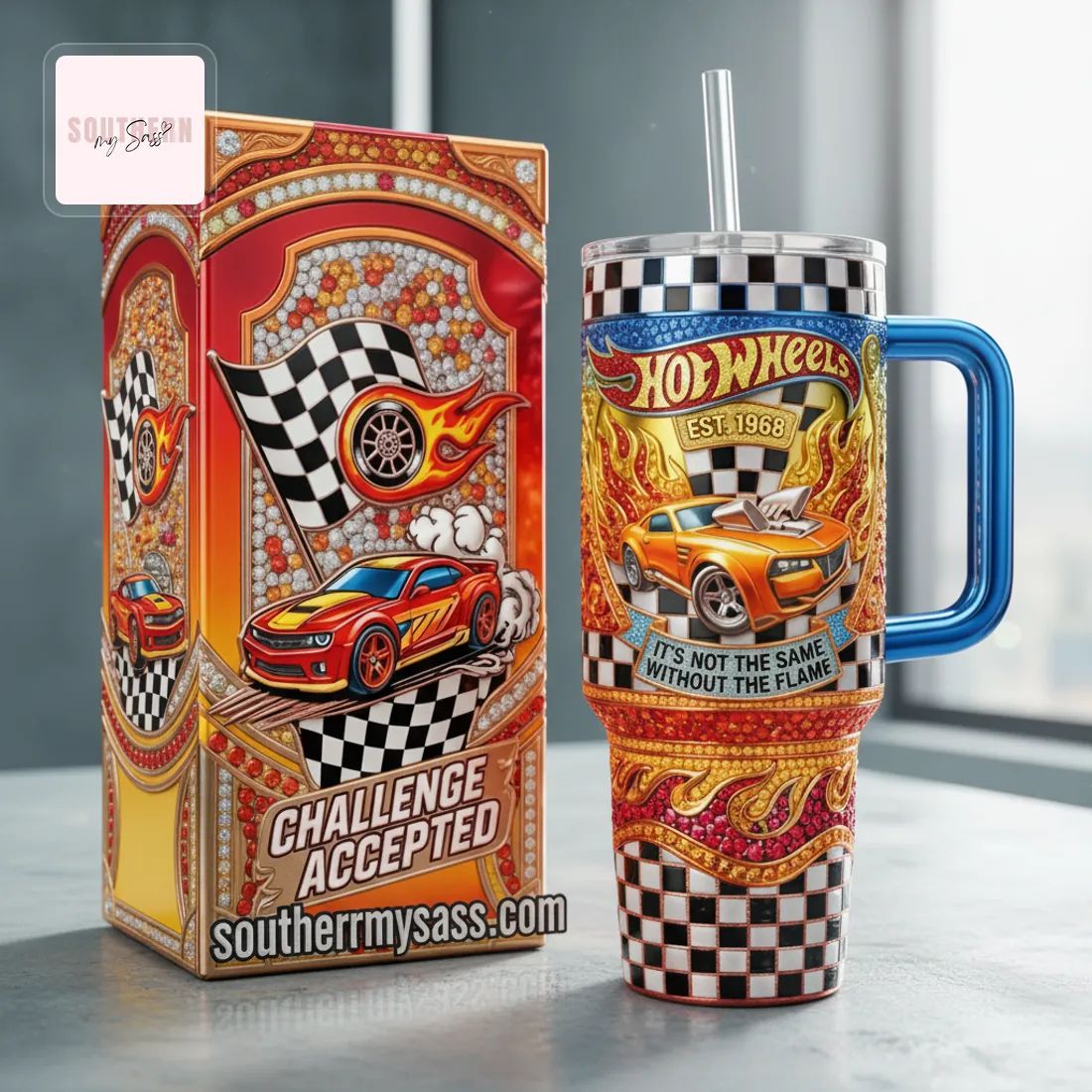 Wheels EST. 1968 Racing Flame Premium Tumbler With Handle