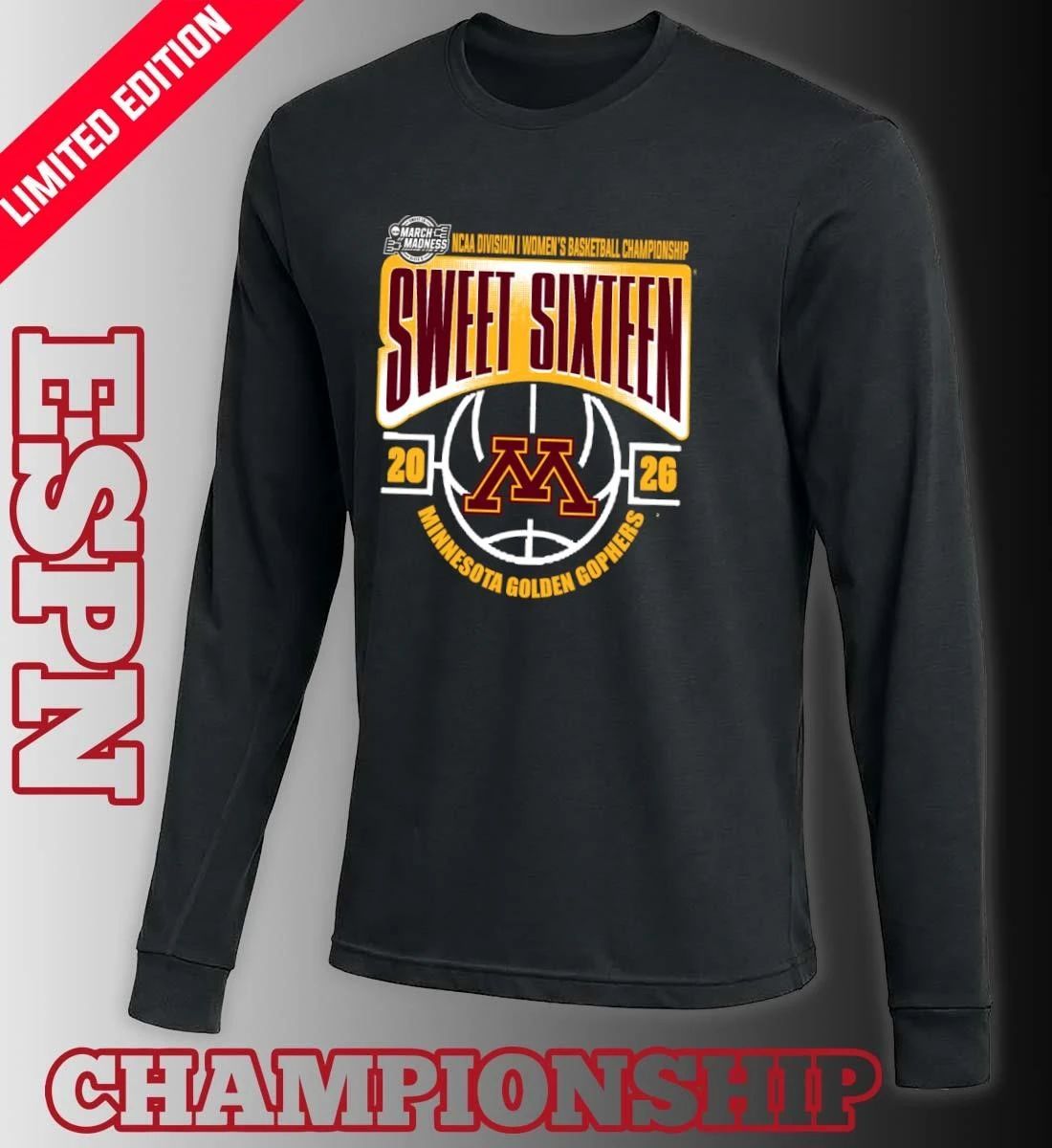 Minnesota Golden Gophers Sweet 16 NCAA DI Women’s Basketball Tournament March Madness 2026 T-Shirt