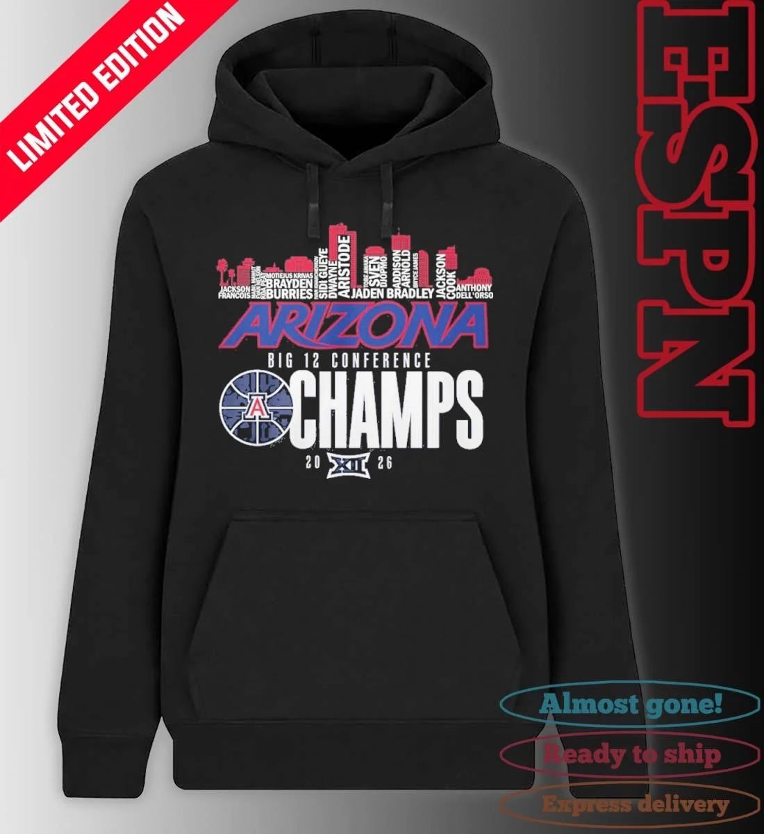 Arizona Wildcats Basketball Big 12 Conference Champions Skyline Player Name Shirt