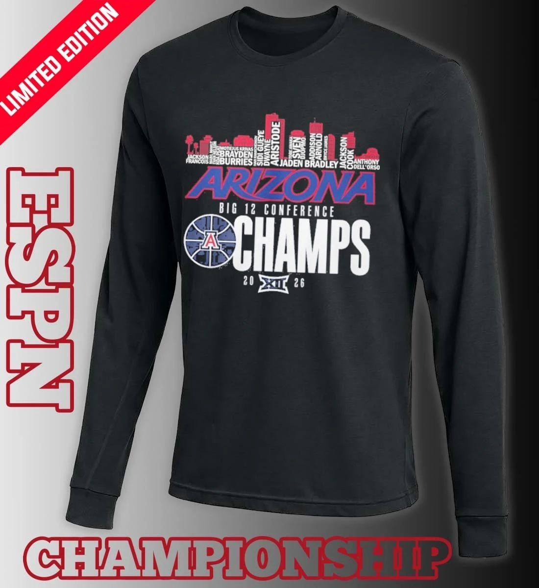 Arizona Wildcats Basketball Big 12 Conference Champions Skyline Player Name Shirt
