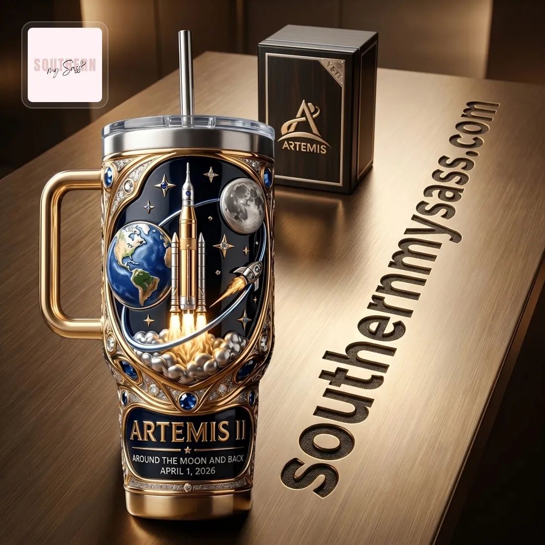Artemis II Luxury Gold Commemorative 40oz YETI Tumbler With Handle