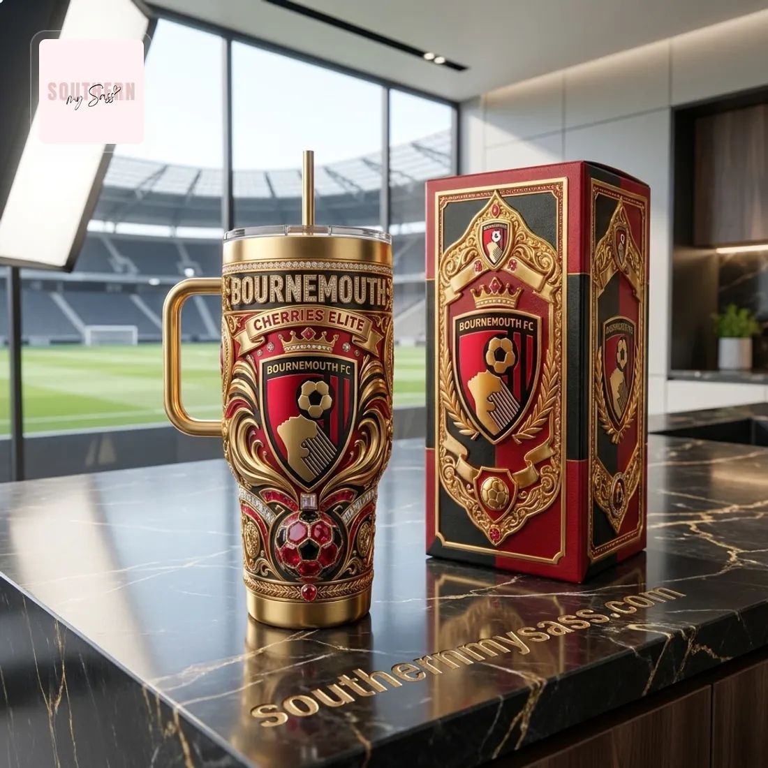 Bournemouth FC Cherries Elite Luxury Gold 40oz Insulated Tumbler With Handle