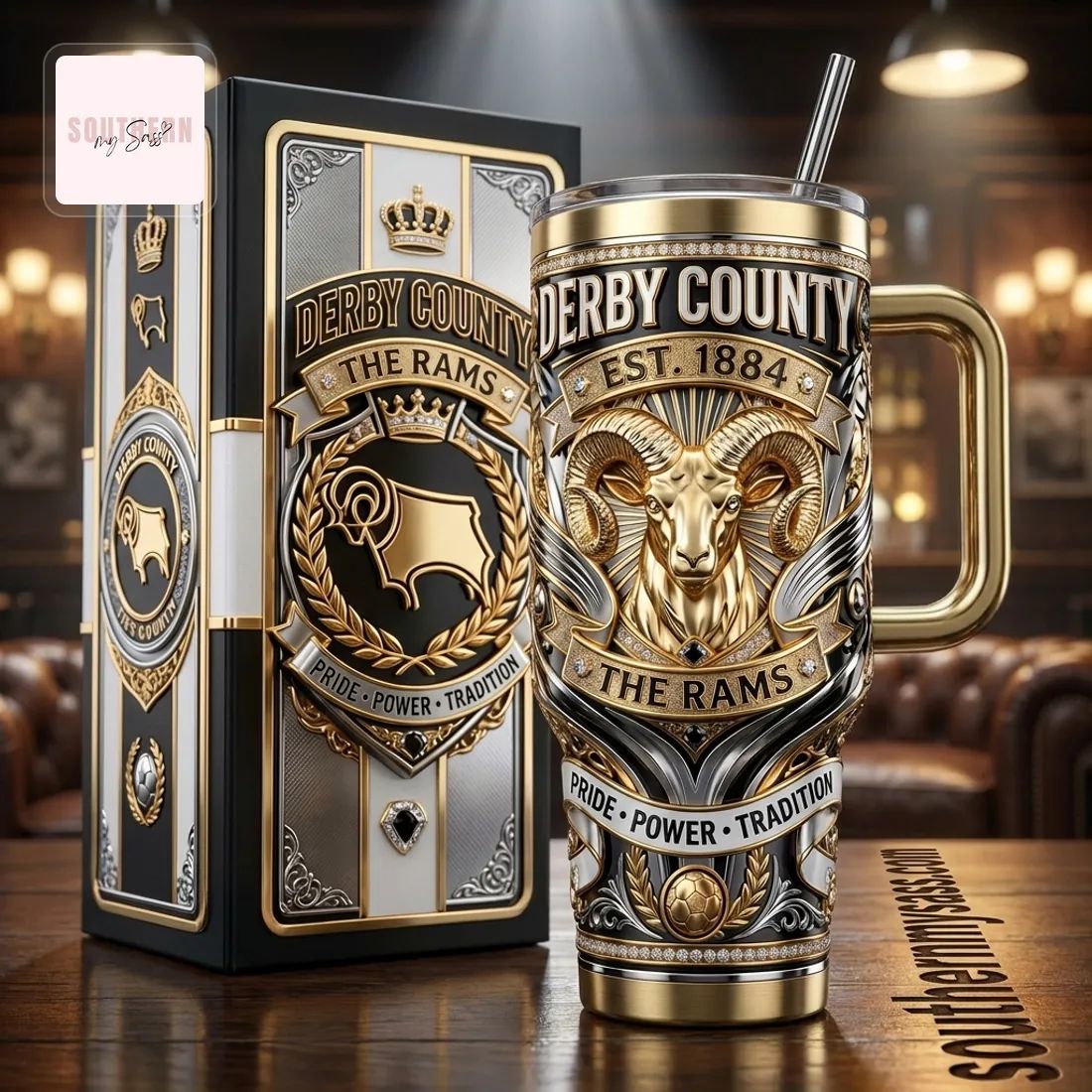 Derby County The Rams 40oz Luxury Insulated Stainless Steel Tumbler With Handle