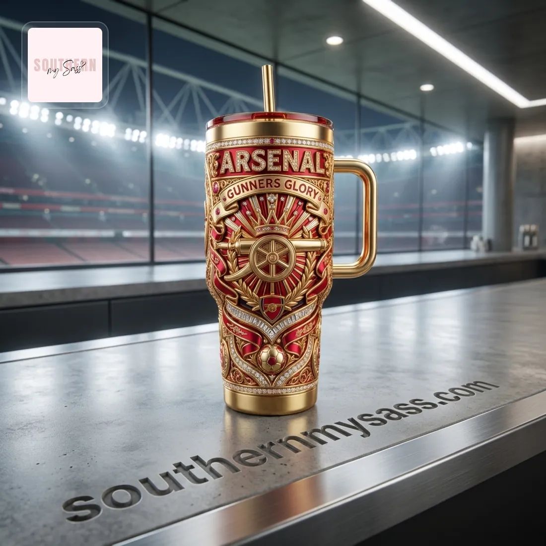 Arsenal Luxury Diamond Embellished Gold 40oz Tumbler with Handle