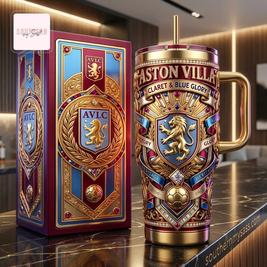 Aston Villa FC Luxury Gold Embellished 40oz Tumbler With Handle