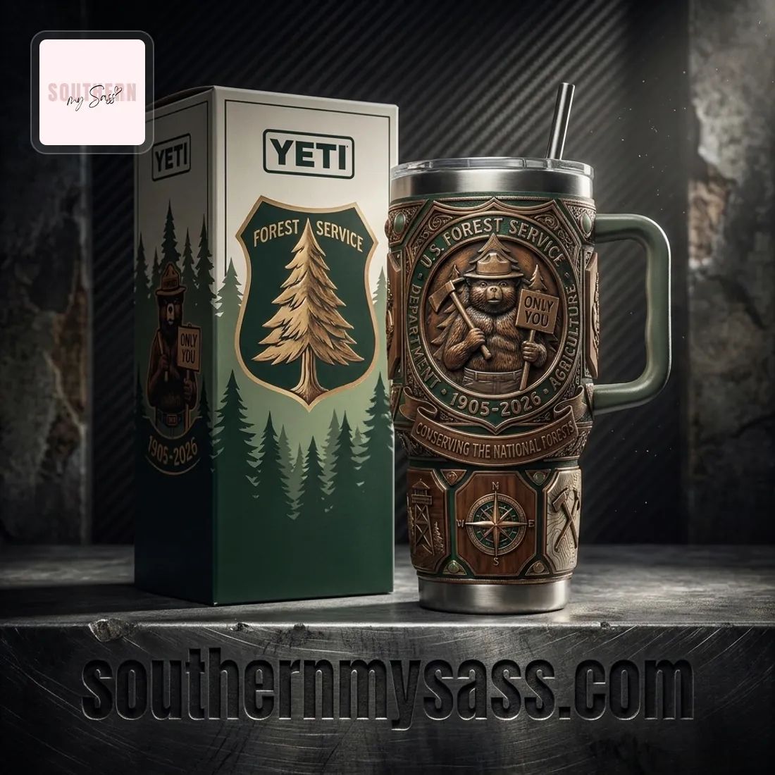 Smokey Bear U.S. Forest Service Commemorative 40oz Embossed Tumbler with Handle