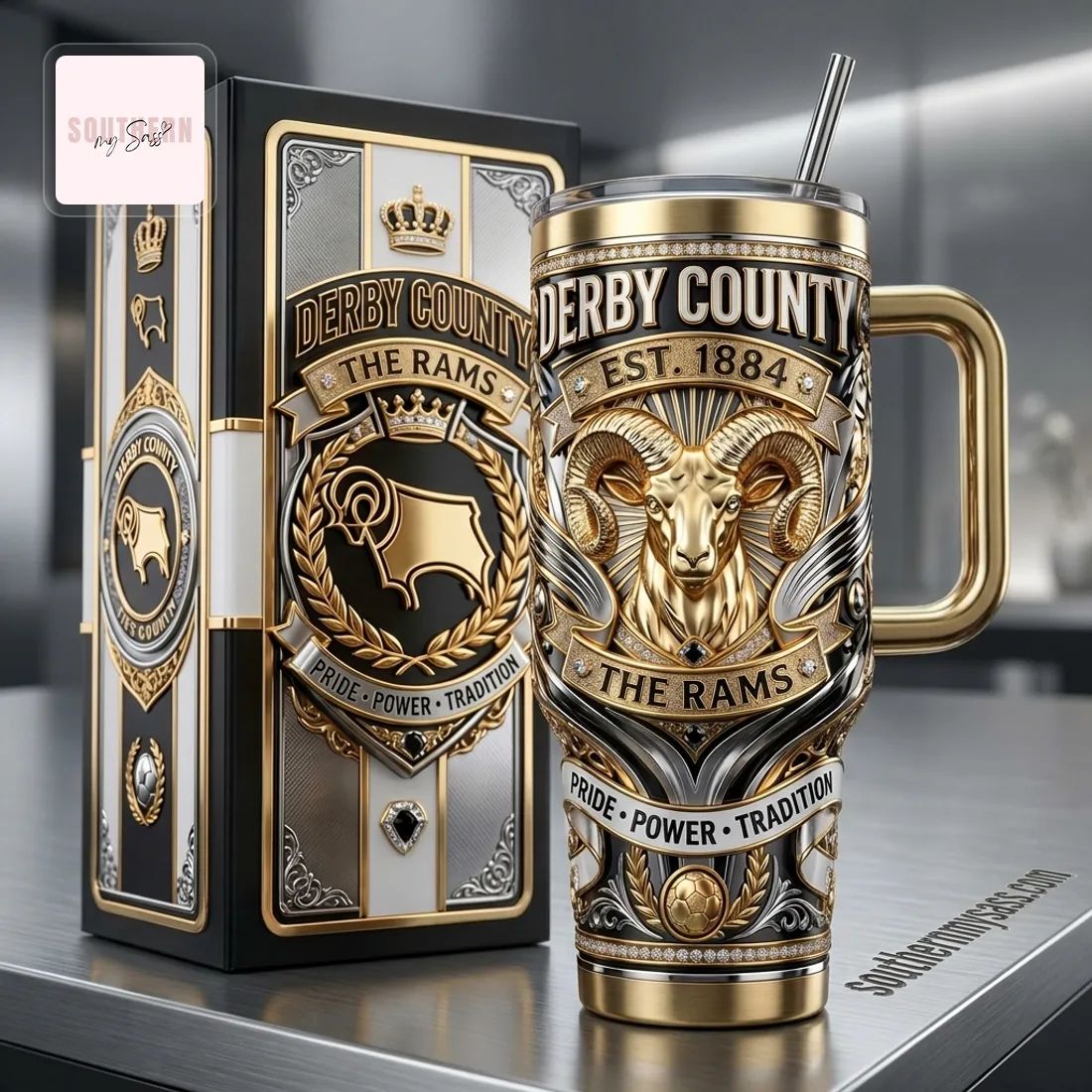 Derby County The Rams 40oz Luxury Insulated Stainless Steel Tumbler With Handle