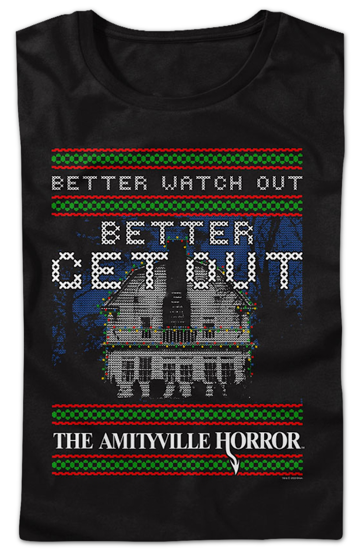 Womens Better Watch Out Faux Ugly Christmas Sweater Amityville Horror Shirt